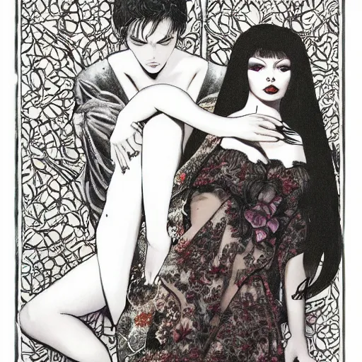 Image similar to symmetrical pretty elegant brigitte bardot as a vampire with friend, very detailed style of takato yamamoto lots of flowers