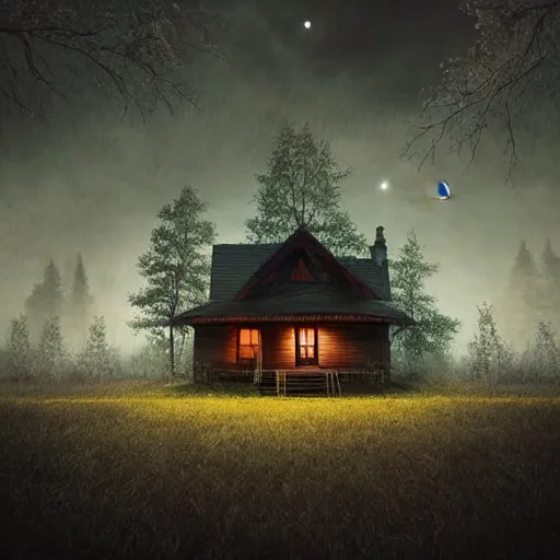 Image similar to dark forest with scary wooden house, full moon, cinematic scene