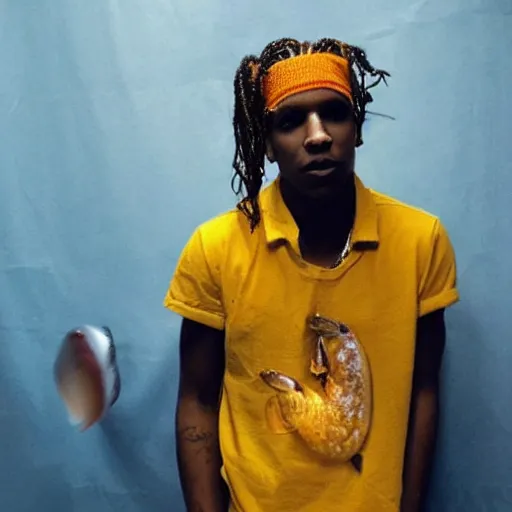 Prompt: asap rocky as a depressed junkie crackhead with a bucket of fish on his head