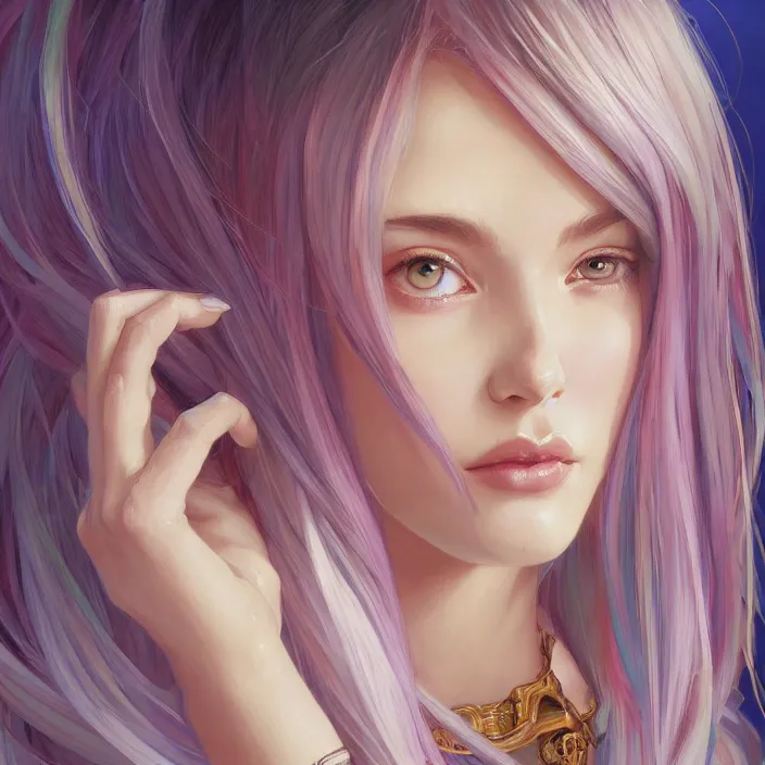 Image similar to portrait of beautiful symmetrical anime girl, rainbow hair, attractive, casual, modern, victoria's secret, highly detailed, digital painting, artstation, concept art, smooth, sharp focus, illustration, art by artgerm, greg rutkowski and alphonse mucha, 8 k,