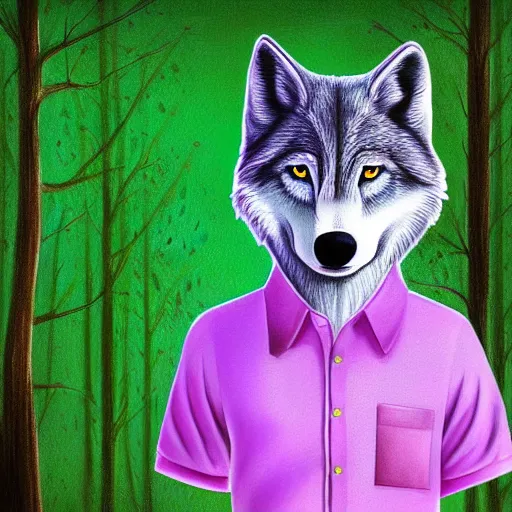 Image similar to Beautiful portrait drawing of an anthro anthropomorphic wolf wearing a cute pastel shirt, in Summer, at a forest. digital art