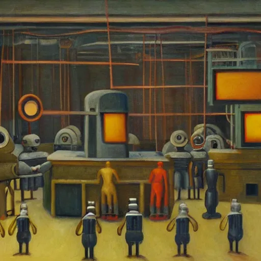 Image similar to drab slave human workers building robots, watched by fascist robots, brutalist factory, dystopian, pj crook, edward hopper, oil on canvas