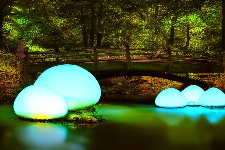 Prompt: giant glowing mushrooms next to a small bridge, flowing water, digital art, blue lighting, acrylic,