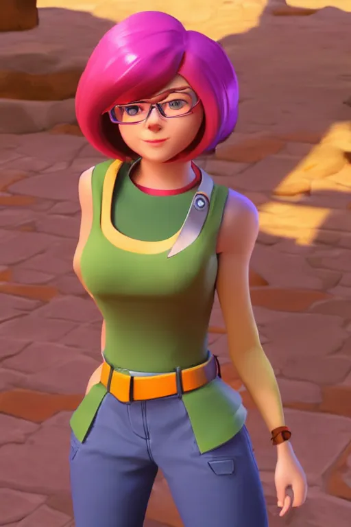 Image similar to Velma from Scooby Doo, overwatch main character Blizzard pixar 3d maya engine on stylized background splash comics global illumination lighting,