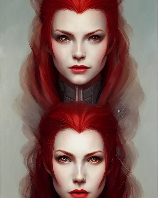 Prompt: a detailed matte oil on canvas head on symmetrical portrait of a distinguished elven woman with red hair on an empty background, by charlie bowater, wlop, trending on artstationhd, dungeons and dragons art, critical role