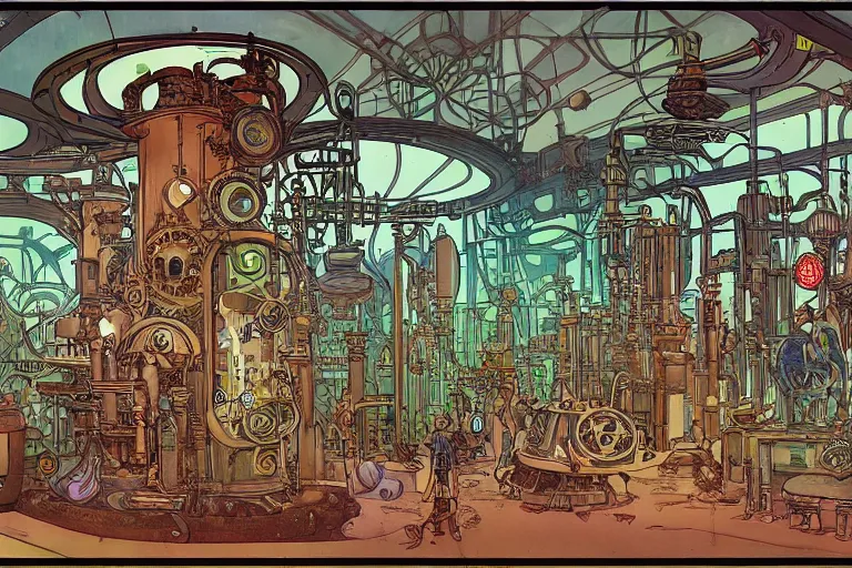 Prompt: front view on steampunk lab with big vapor tubes and alchemy equipment, mad scientist working, giant video screens, sci - fi vending machine, big plants, clock, retrofuturism, concept art by mucha and moebius and victo ngai, clean line, diesel punk