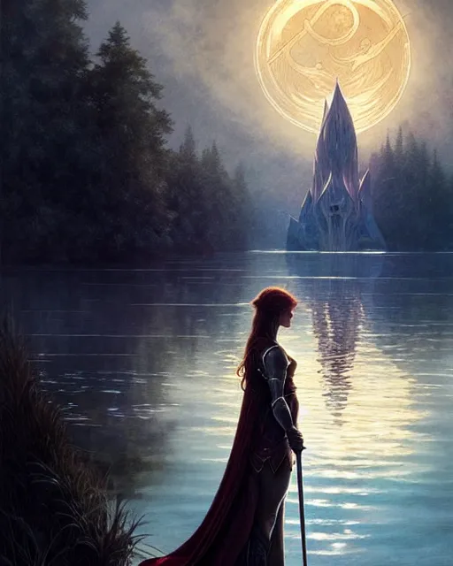 Image similar to excalibur in the middle of a lake under a giant full moon, rippling reflections, romantic, cinematic, intricate, elegant, highly detailed, artstation, concept art, smooth, sharp focus, art by artgerm and greg rutkowski and alphonse mucha, masterpiece.