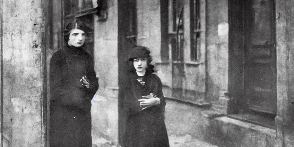 Image similar to a young woman with freckles looks deeply into the camera, 1920's london street, art nouveau, dark streets, grungy, style of Joel Meyerowitz, gustav klimpt, painterly