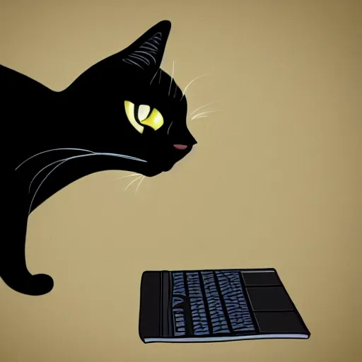 Image similar to a black cat programming in a computer. cartoon. high quality. high fidelity. unsplash. devianart.