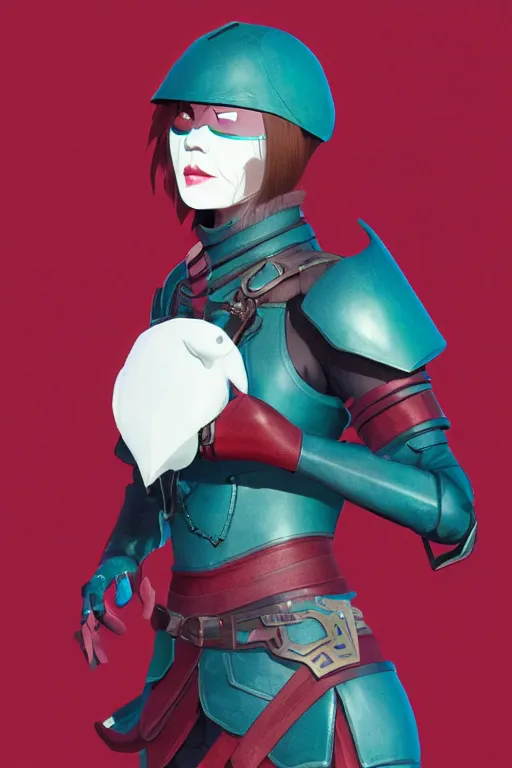 Image similar to female adventurer in tight full - body teal leather armor of japanese design with red accents and a white porcelain crow mask, trending in artstation, japanese, by wlop, establishing shot