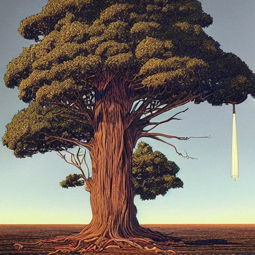 Image similar to a large tree growing from a quartz crystal floating in soace, by moebius