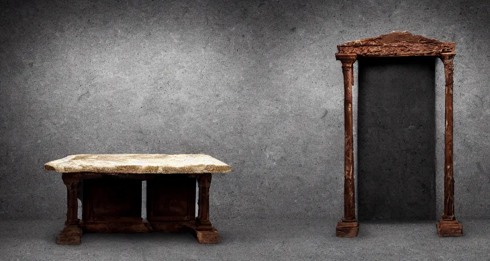 Prompt: studio photography of two ancient stone tables, ten commandments, studio lighting, solid color background 8k