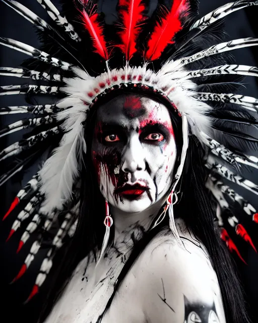 Image similar to lady native sisters ghost - spirit of the grim - warpaint wears the scarlet skull armor and native blood headdress feathers, midnight fog - mist!, cinematic lighting, various refining methods, micro macro autofocus, ultra definition, award winning photo, photograph by ghostwave - gammell - giger - shadowlord