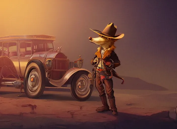 Prompt: character portrait feature of the anthro male anthropomorphic rat fursona wearing cowboy outfit wild west desperado standing next to an old monte carlo vintage car, character design stylized by charlie bowater, ross tran, artgerm, makoto shinkai, detailed, soft lighting, rendered in octane