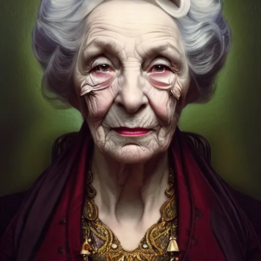 Image similar to portrait painting of an extremely fancy elderly woman with a devious expression, gaslamp fantasy, victorian, ultra realistic, concept art, intricate details, eerie, highly detailed, photorealistic, octane render, 8 k, unreal engine. art by artgerm and greg rutkowski and charlie bowater and magali villeneuve and alphonse mucha