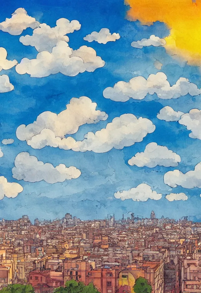 Image similar to barcelona city, detailed clouds, sunbeams, heavenly color scheme, studio ghibli scheme