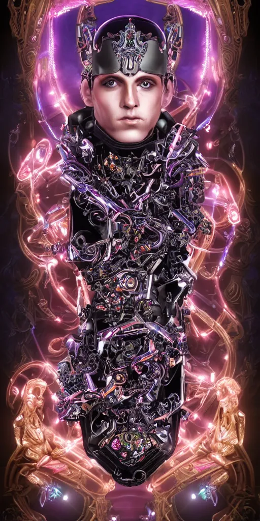 Image similar to full-body baroque and cyberpunk style sculpture of a young seductive Hispanic prince half android with a chest exposing a glowing gemstone battery, glowing pink seductive laser eyes, crown of blue gears and diamonds, swirling salmon-colored silk fabric, robotic raptors dinosaurs. baroque elements. full-length view. intricate artwork by caravaggio. art by Artgerm and Greg Rutkowski and Alphonse Mucha, Trending on artstation, cinematic industrial lighting, hyper realism, octane render, 8k, depth of field, 3D