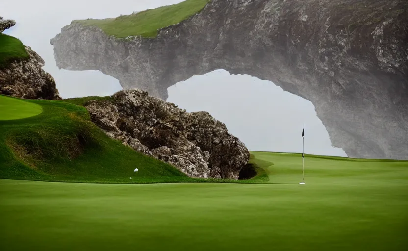 Image similar to a great photograph of the most amazing golf hole in the world, rainy day, cliffs by the sea, perfect green fairway, human perspective, ambient light, 5 0 mm, golf digest, top 1 0 0, fog
