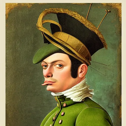 Image similar to pepe the frog as 1 8 th century prussian soldier, elegant portrait by sandro botticelli, detailed, symmetrical, intricate