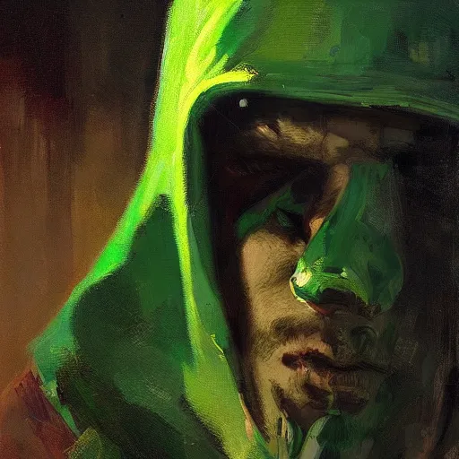 Image similar to portrait of a chad programmer with green hood by jeremy mann, dramatic lighting, close up