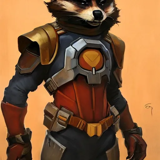 Image similar to greg manchess portrait painting of armored rocket raccoon as overwatch character, medium shot, asymmetrical, profile picture, organic painting, sunny day, matte painting, bold shapes, hard edges, street art, trending on artstation, by huang guangjian and gil elvgren and sachin teng