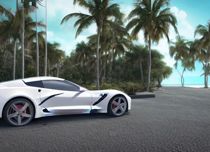 Image similar to hyperrealism, detailed textures, photorealistic 3 d render, a dreamy beach in cuba, a photorealistic 2 0 3 9 corvette stingray concept care with a blazing pearl white colour scheme, sharp focus, ultra realistic, ultra high pixel detail, cinematic, intricate, cinematic light, concept art, illustration, art station, unreal engine 8 k