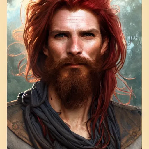 Image similar to portrait of a young ruggedly handsome but joyful pirate, male, masculine, upper body, red crimson hair, long long long flowing hair, fantasy, proud smirk, intricate, elegant, highly detailed, digital painting, artstation, concept art, matte, sharp focus, illustration, art by artgerm and greg rutkowski and alphonse mucha