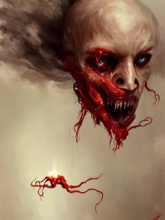 Image similar to painting by greg rutkowski of a flying sorrowful looking human head with tears running down it's eyes, face that is chalk white in color, with long sprawling white tentacles stemming down it's neck, fiery scorching red eyes, flying in a terrying hellish dark cavernous place