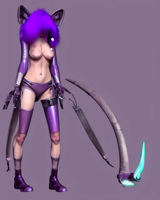 Prompt: pretty humanoid catgirl alien with horns instead of ears holding a laser rifle and the face of a hyena, futuristic, sci-fi purple fur, photorealistic CGI