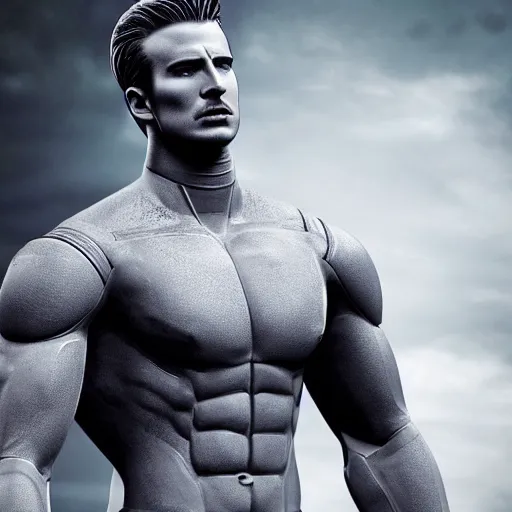 Image similar to a realistic detailed photo of a guy who is a male android, chris evans, muscular, shiny skin, posing like a statue, blank stare