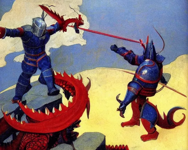 Image similar to knight in blue armor, fighting a large red dragon, by n. c. wyeth, high detail,