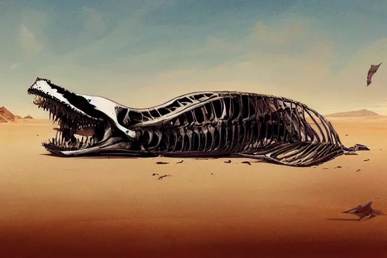 Image similar to whale skeleton on a desert, by greg rutkowski, trending on artstation, masterpiece