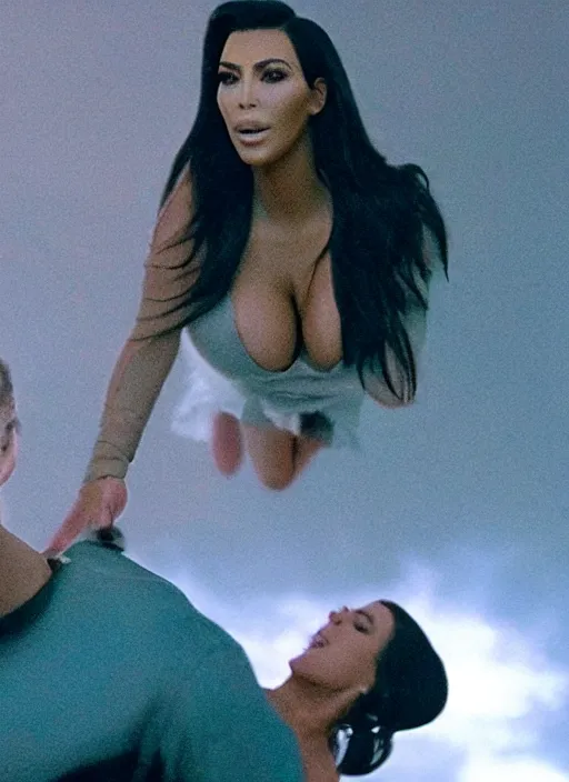 Image similar to film still of kim kardashian being held up in the air by an alien, 8 k