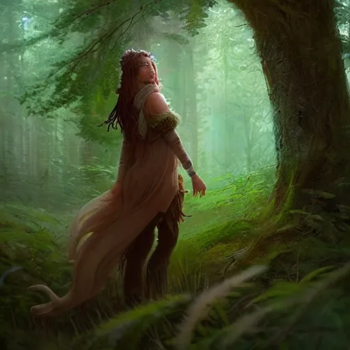 Prompt: a pretty female druid surrounded by forest animals, in the woods, hyper realistic, digital painting, photorealistic, in the style of greg rutkowski, highly detailed, cinematic