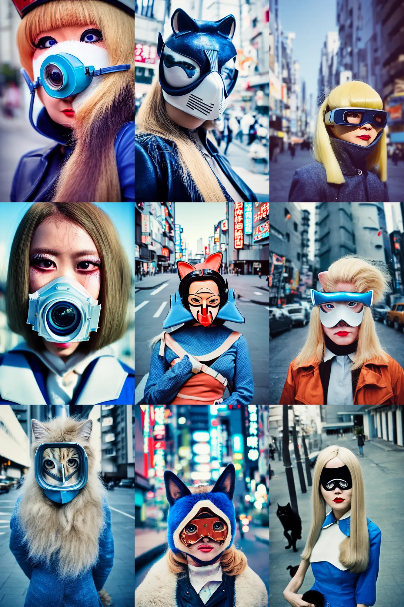 Prompt: Cinestill 50d,8K,highly detailed: beautiful three point perspective extreme closeup portrait photo in style of 1960s frontiers in cosplay retrofuturism tokyo seinen manga street photography fashion edition, tilt shift zaha hadid style tokyo background, highly detailed, focus on cat mask respirator;blonde hair;blue eyes, clear eyes, soft lighting