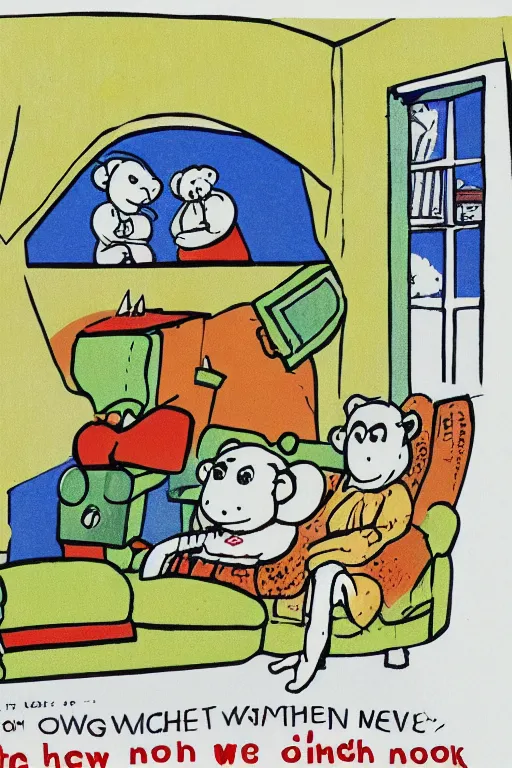 Image similar to an illustration of monkeys watching tv in the style of goodnight moon by margaret wise brown