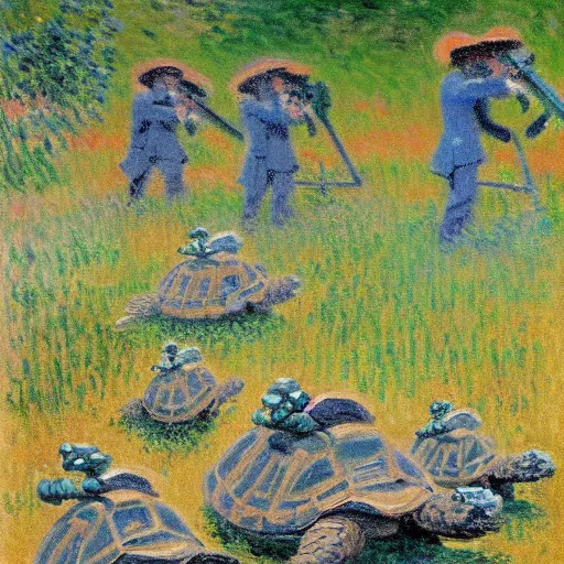 Image similar to tortoises operating heavy artillery by claude monet