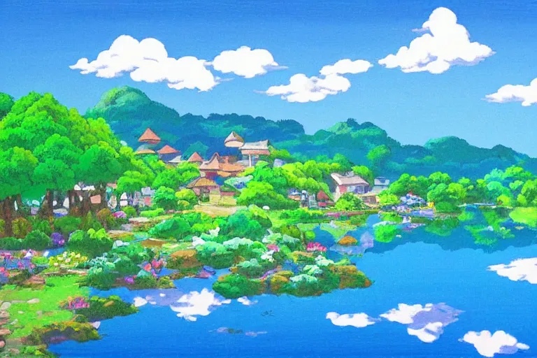 Image similar to landscape of peaceful village with azure blue lake, studio ghibli, anime background, gouche painting, lively colors