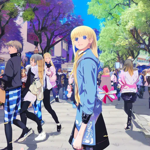 Image similar to blonde - haired princess, anime princess, wearing black jacket and white leggings, looking through crowd, town street, festival street, trees, green trees, blue lighting, blue sunshine, strong lighting, strong shadows, vivid hues, ultra - realistic, sharp details, subsurface scattering, intricate details, hd anime, 2 0 1 9 anime