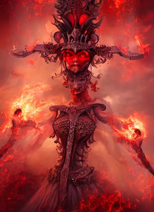 Prompt: a beautiful detailed 3 d matte painting, variations around female queen necromancer, symmetrical features, vertical portrait, skeleton, whirling smoke, embers, red adornements, red torn fabrics