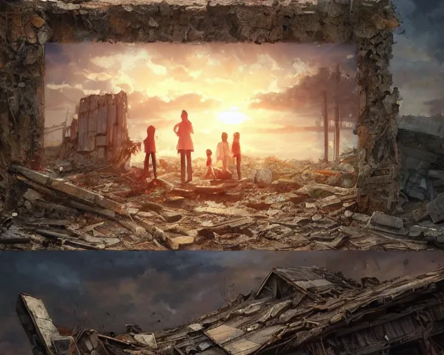 Prompt: a family photo in a wooden frame laying on rubble, ruins, post-apocalyptic, end of the world. By Makoto Shinkai, Stanley Artgerm Lau, WLOP, Rossdraws, James Jean, Andrei Riabovitchev, Marc Simonetti, krenz cushart, Sakimichan, trending on ArtStation, digital art.