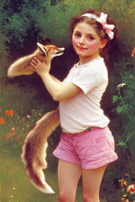 Image similar to a seven - year old girl with long curly dirty blonde hair, blue eyes, tan skin, a pink tee shirt, shorts, playing with a fox, painting by daniel gerhartz, alphonse mucha, bouguereau, detailed art, artstation, realistic fox