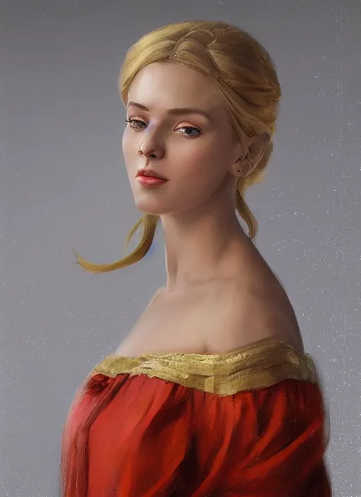 Image similar to a professional painting of an russian young blonde girl intricate, wearing russian ancient folk dress, elegant, digital painting, concept art, smooth, sharp focus, finely detailed illustration, beautifully framed, from Metal Gear, in the style of Artgerm and Greg Rutkowski and William-Adolphe Bouguerea