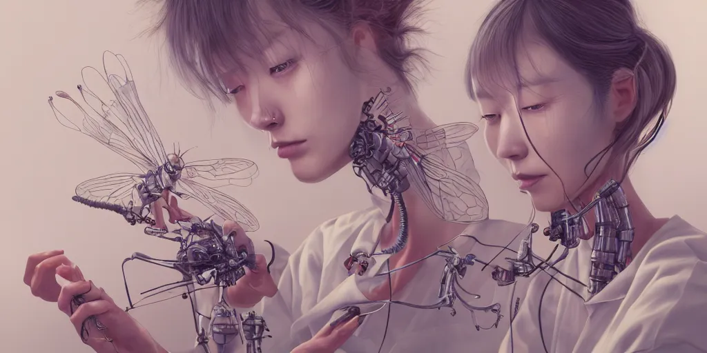 Prompt: hyperrealistic photography of a gorgeous female scientist constructing an insect - making machine in the style of jin kagetsu, james jean, chris cunningham, hans bellmer and wlop, highly detailed, face symmetry, masterpiece, award - winning, sharp focus, intricate concept art, ambient lighting, 8 k, artstation