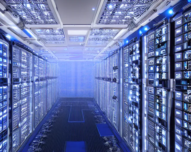 Image similar to datacentre, ai server in the middle, deep view, heavy blue led lights, wires connected, award winning, extremely detailed, artstation, 8 k, incredible art