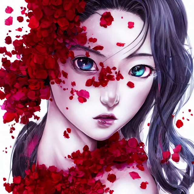 Image similar to studio portrait absurdly beautiful, elegant, graceful, young hypercolorful sensual anime gravure idol rubies and red petals, ultrafine hyperrealistic detailed face illustration by kim jung gi, irakli nadar, intricate linework, sharp focus, bright colors, matte, octopath traveler, final fantasy, unreal engine highly rendered, global illumination, radiant light, intricate environment