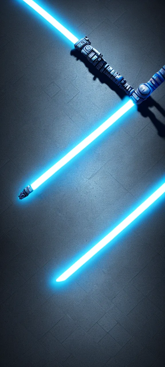 Image similar to detailed cinematic render, of a blue cyberpunk lightsaber lying vertically on a detailed stone floor, in a dark room, photo from above, octane render 8 k, digital art, lightsaber wallpaper 4 k, ray tracing, jedi fallen order lightsaber wallpaper 4 k, cal kestis lightsaber wallpaper