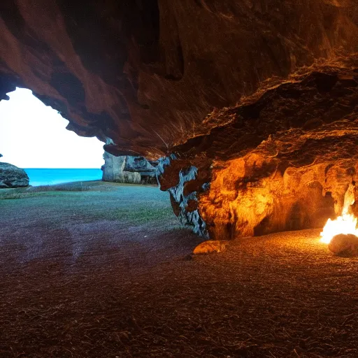Image similar to wide shot of a cave, lit by tiki torches, an area stage in the middle, fit for gladiators, dark stone cobbles