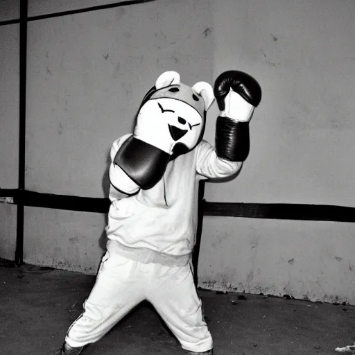 Prompt: a real life photo of a bear wearing boxing gloves, 1 9 9 8 photo, realistic, detailed, old film