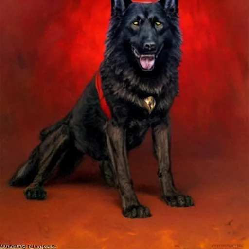 Image similar to a portrait of a black german shepard dogman canine star trek captain red shirt full body. highly detailed painting by gaston bussiere, craig mullins, j. c. leyendecker, furry